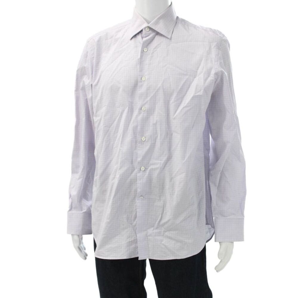 Canali Mens Dress Shirt White Check Cotton Blend Long Sleeve Size 16.5